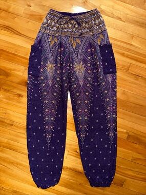 Blue Gecko Boho Print Harem Pants Drawstring Waist Women’s Small Peacock Purple